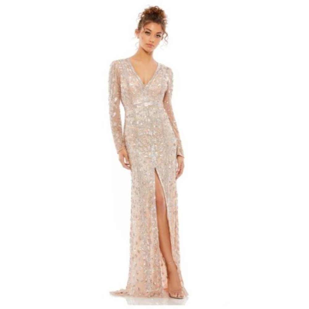 MAC DUGGAL Embellished Long Sleeve Evening Gown in Rose Gold Size US 10